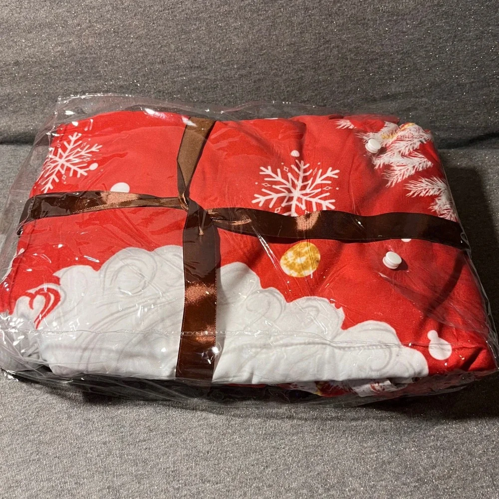 Christmas Santa‎ Claus Snowflakes Trees Queen Duvet Cover Set Bedding Red